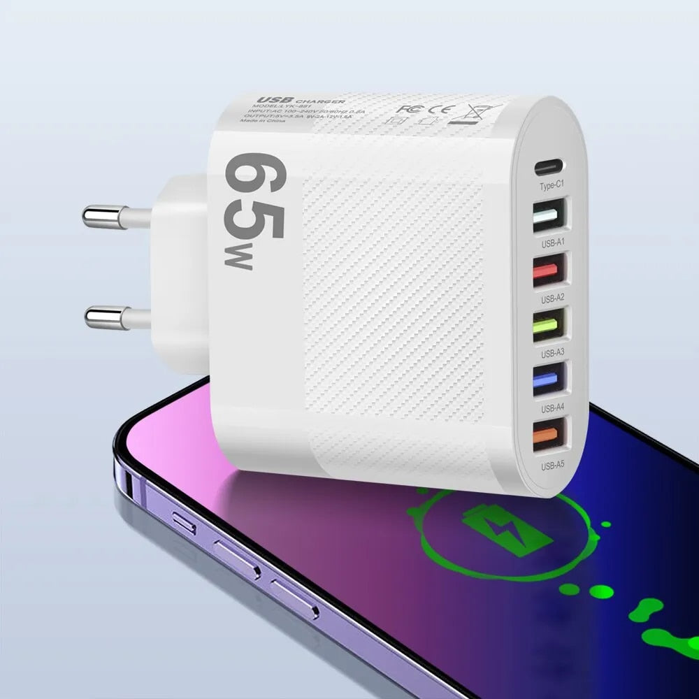 3.1A 5-Port USB Wall Charger 65W PD Adapter | QC 3.0 Fast Charging for iPhone, Samsung, Xiaomi, Huawei