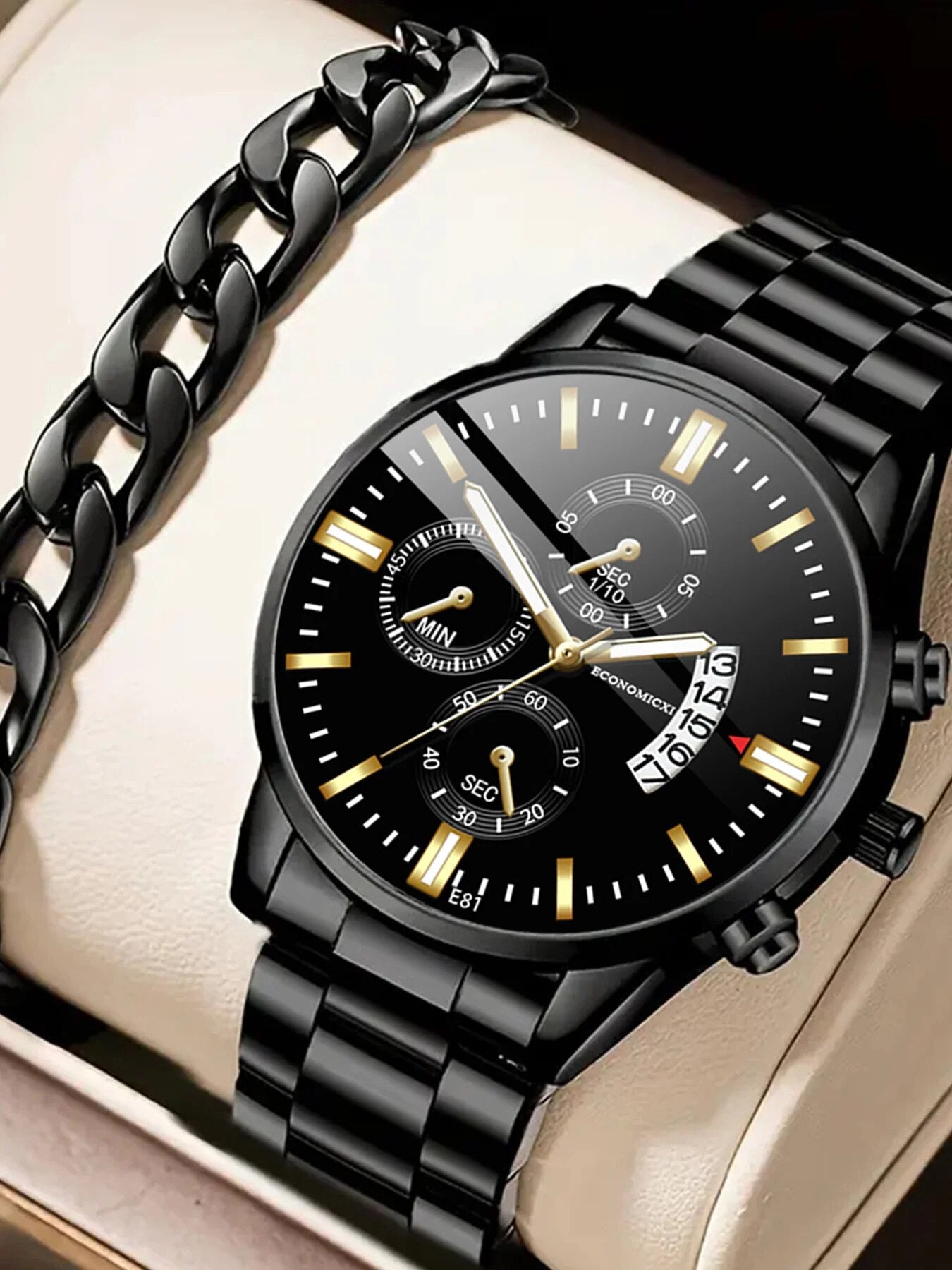 Q-2541 Men’s Fashion Business Casual Quartz Watch & Alloy Bracelet Set