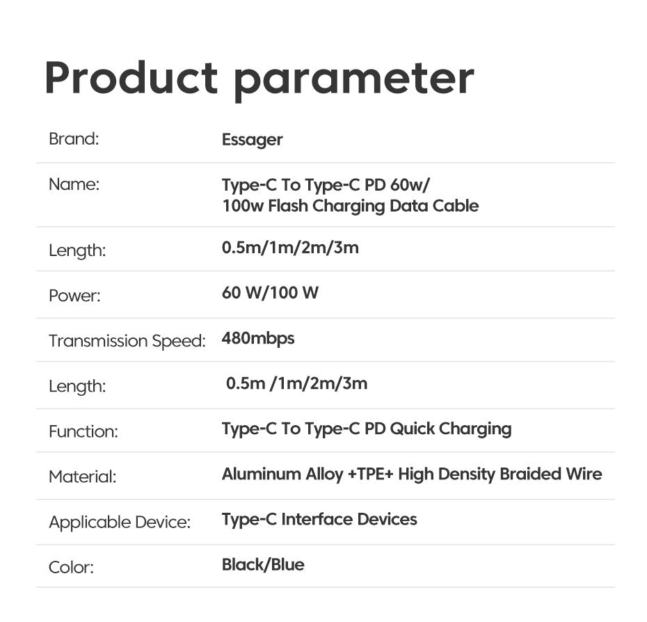 Essager 100W USB-C to USB-C Cable | PD Fast Charging for MacBook, Samsung & Xiaomi