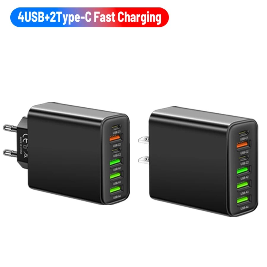 65W 6-Port Wall Charger β 4 USB & 2 Type-C Quick Charge Adapter for iPhone, Samsung, Xiaomi, Huawei, Oppo