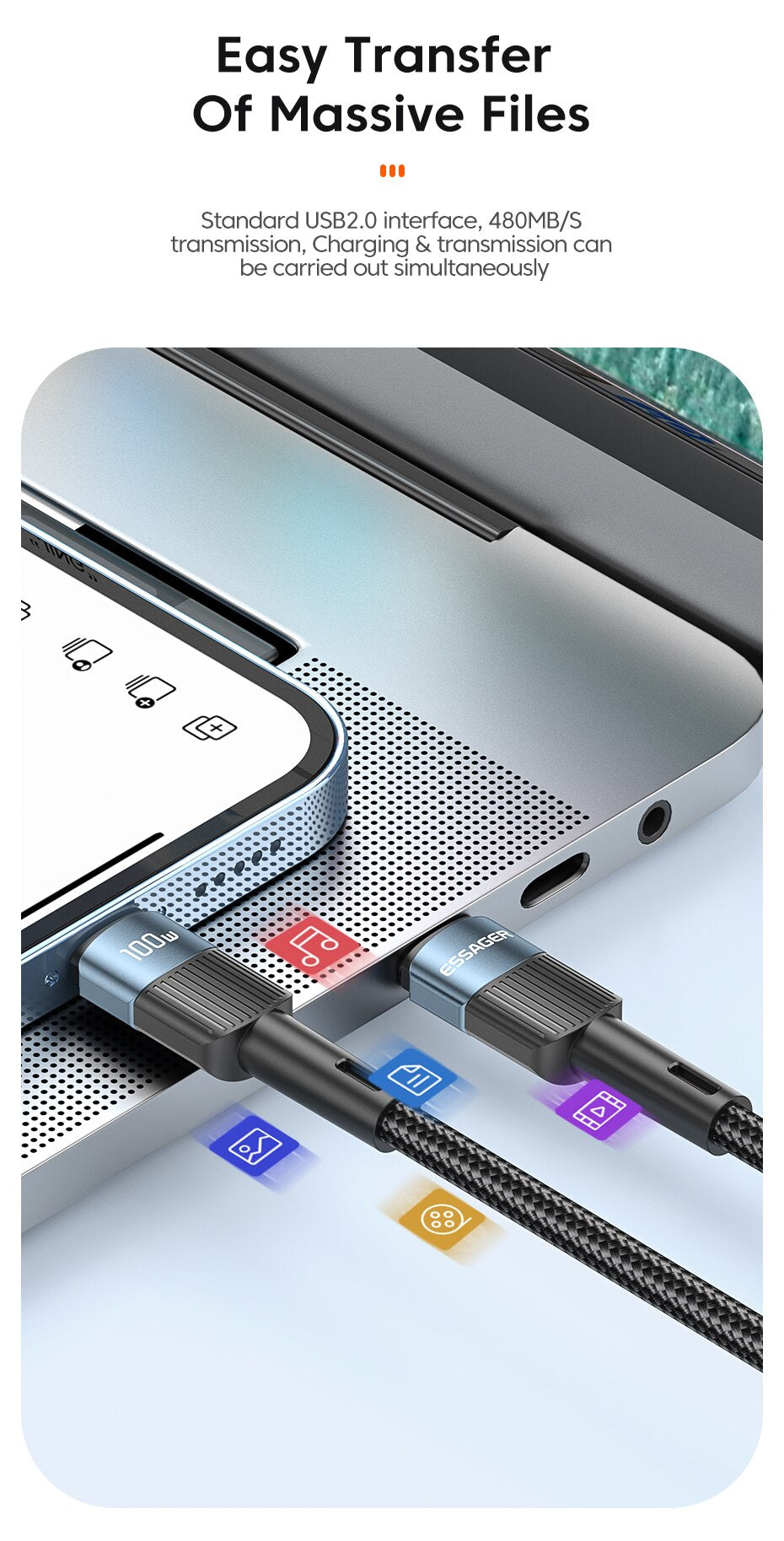 Essager 100W USB-C to USB-C Cable | PD Fast Charging for MacBook, Samsung & Xiaomi