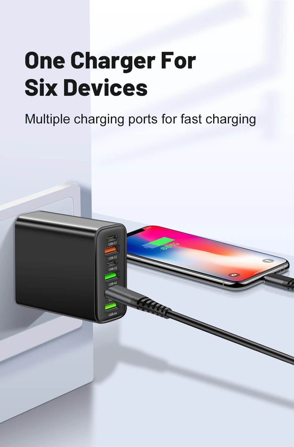 65W 6-Port Wall Charger β 4 USB & 2 Type-C Quick Charge Adapter for iPhone, Samsung, Xiaomi, Huawei, Oppo