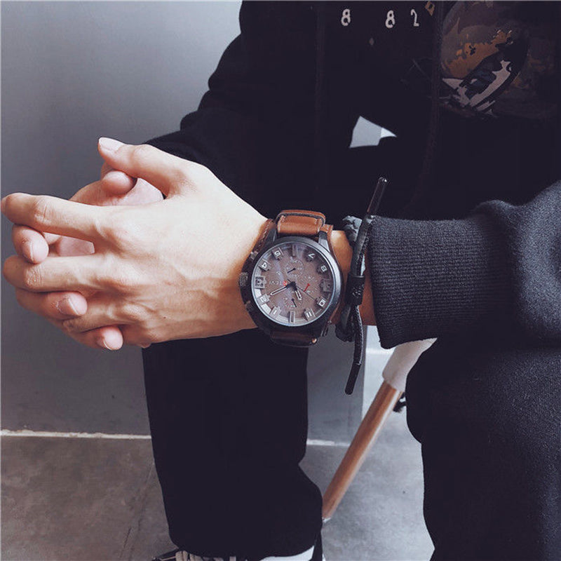 YIKAZE R-1150 Retro Men's Watches Classic Luxury Business Quartz Watch Fashion Big Dial Leather Strap Date Military Wristwatch for Men