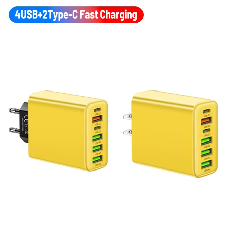 65W 6-Port Wall Charger β 4 USB & 2 Type-C Quick Charge Adapter for iPhone, Samsung, Xiaomi, Huawei, Oppo