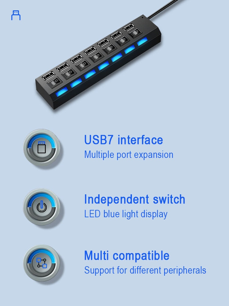 7-Port USB Splitter Hub with Independent Switches – Laptop & Desktop Expander
