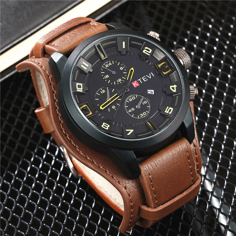 YIKAZE R-1150 Retro Men's Watches Classic Luxury Business Quartz Watch Fashion Big Dial Leather Strap Date Military Wristwatch for Men