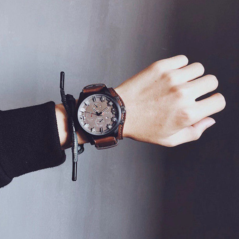 YIKAZE R-1150 Retro Men's Watches Classic Luxury Business Quartz Watch Fashion Big Dial Leather Strap Date Military Wristwatch for Men