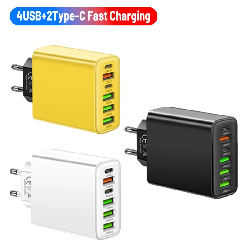 65W 6-Port Wall Charger β 4 USB & 2 Type-C Quick Charge Adapter for iPhone, Samsung, Xiaomi, Huawei, Oppo