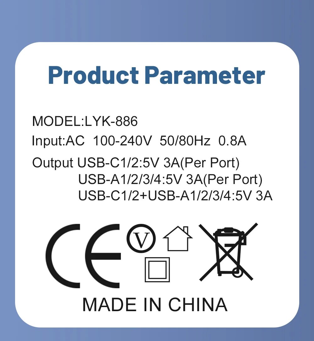 65W 6-Port Wall Charger β 4 USB & 2 Type-C Quick Charge Adapter for iPhone, Samsung, Xiaomi, Huawei, Oppo