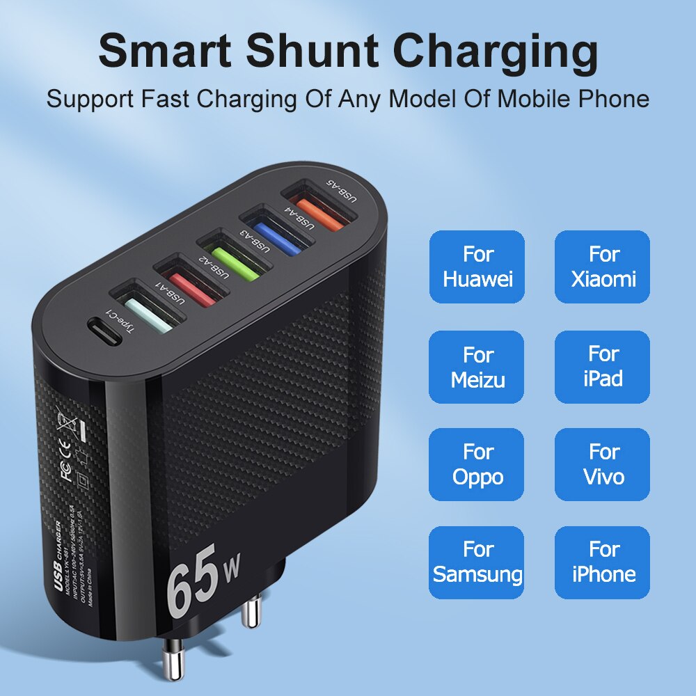 3.1A 5-Port USB Wall Charger 65W PD Adapter | QC 3.0 Fast Charging for iPhone, Samsung, Xiaomi, Huawei
