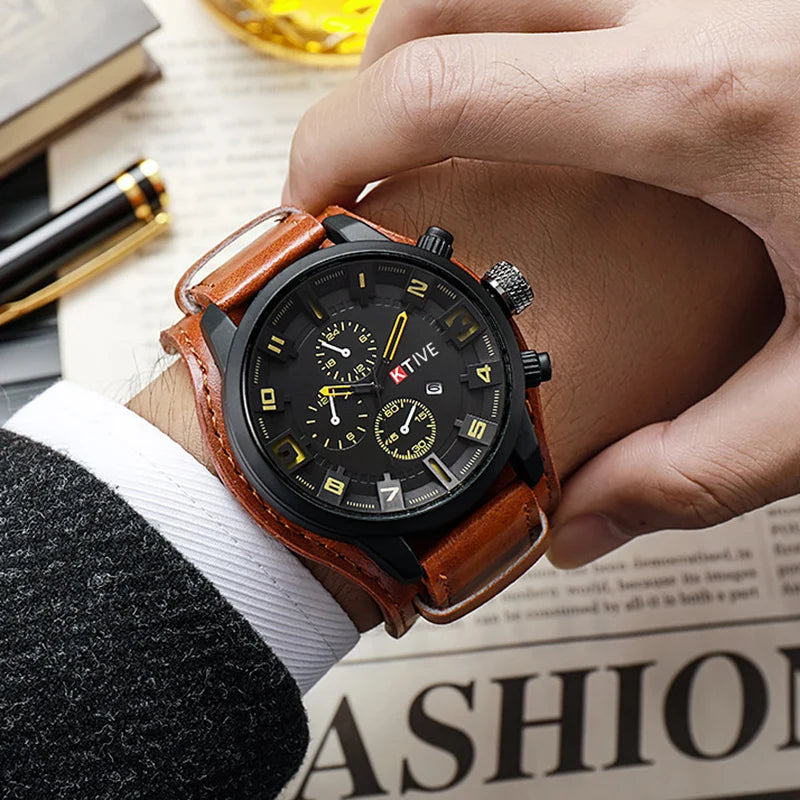 YIKAZE R-1150 Retro Men's Watches Classic Luxury Business Quartz Watch Fashion Big Dial Leather Strap Date Military Wristwatch for Men