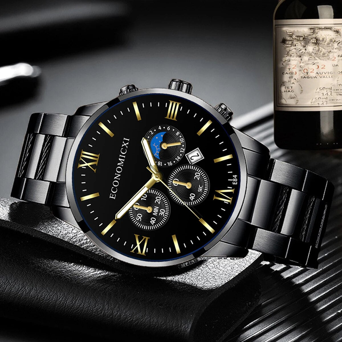 Q-3540 Quartz Watch 2Pcs Men’s Fashion Business Casual Quartz Watch & Alloy Bracelet Set
