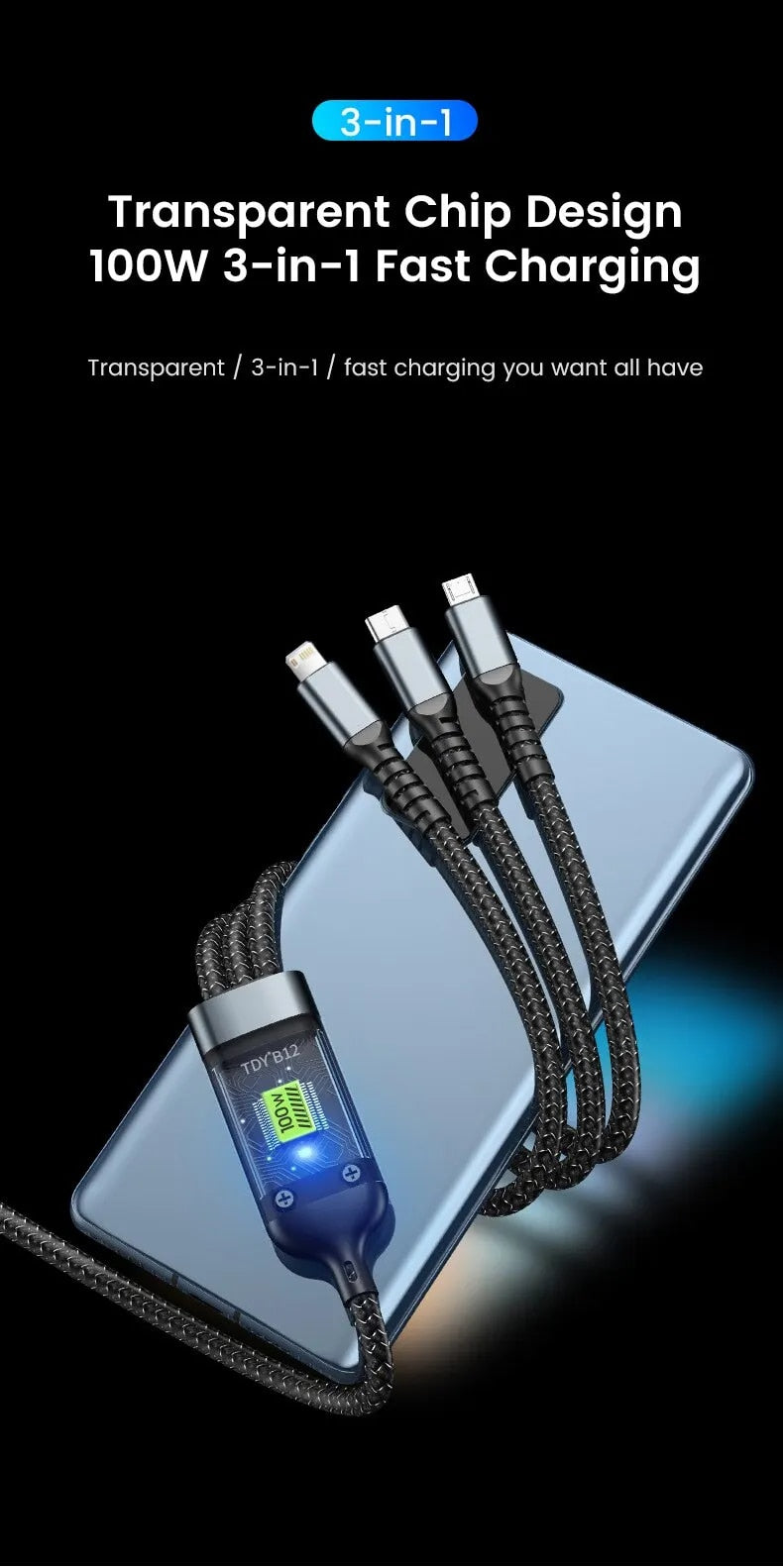 3-in-1 100W 5A Fast Charging USB Cable | Type-C / Lightning / Micro Charger for iPhone, Samsung & Xiaomi