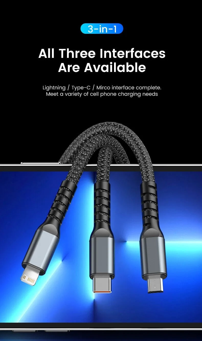 3-in-1 100W 5A Fast Charging USB Cable | Type-C / Lightning / Micro Charger for iPhone, Samsung & Xiaomi
