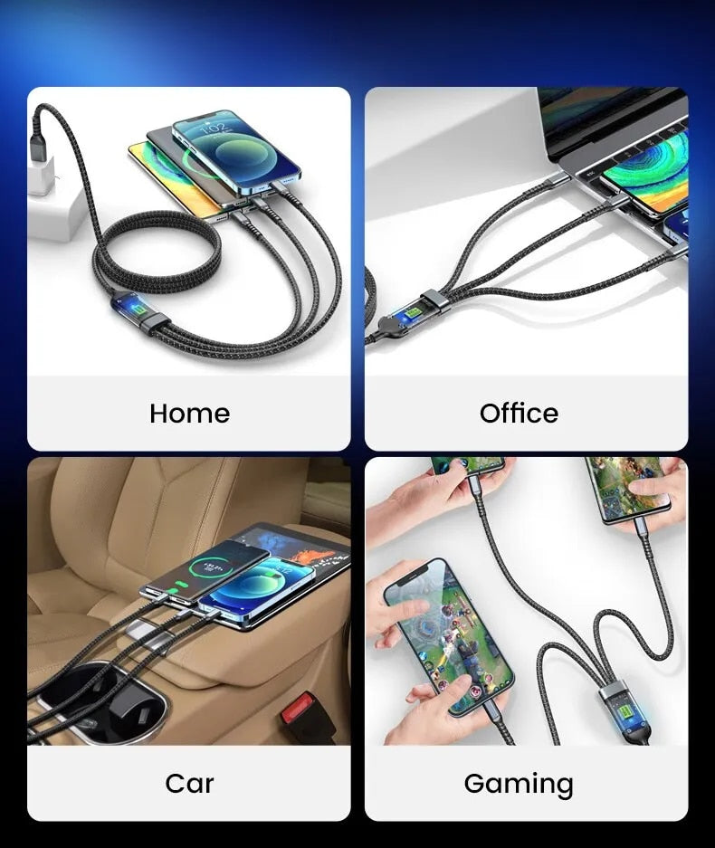 3-in-1 100W 5A Fast Charging USB Cable | Type-C / Lightning / Micro Charger for iPhone, Samsung & Xiaomi