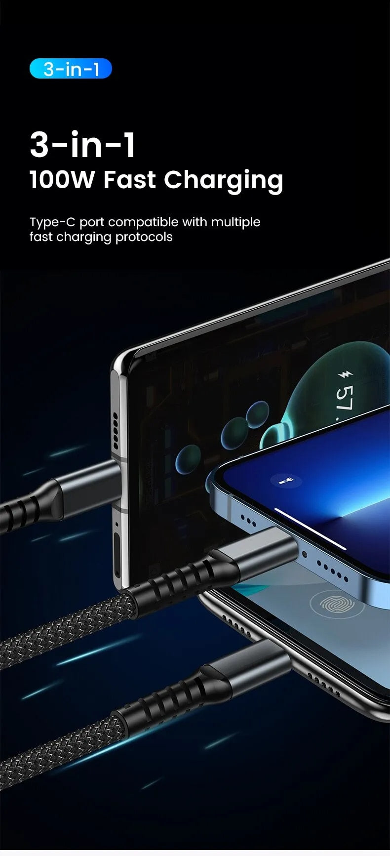 3-in-1 100W 5A Fast Charging USB Cable | Type-C / Lightning / Micro Charger for iPhone, Samsung & Xiaomi