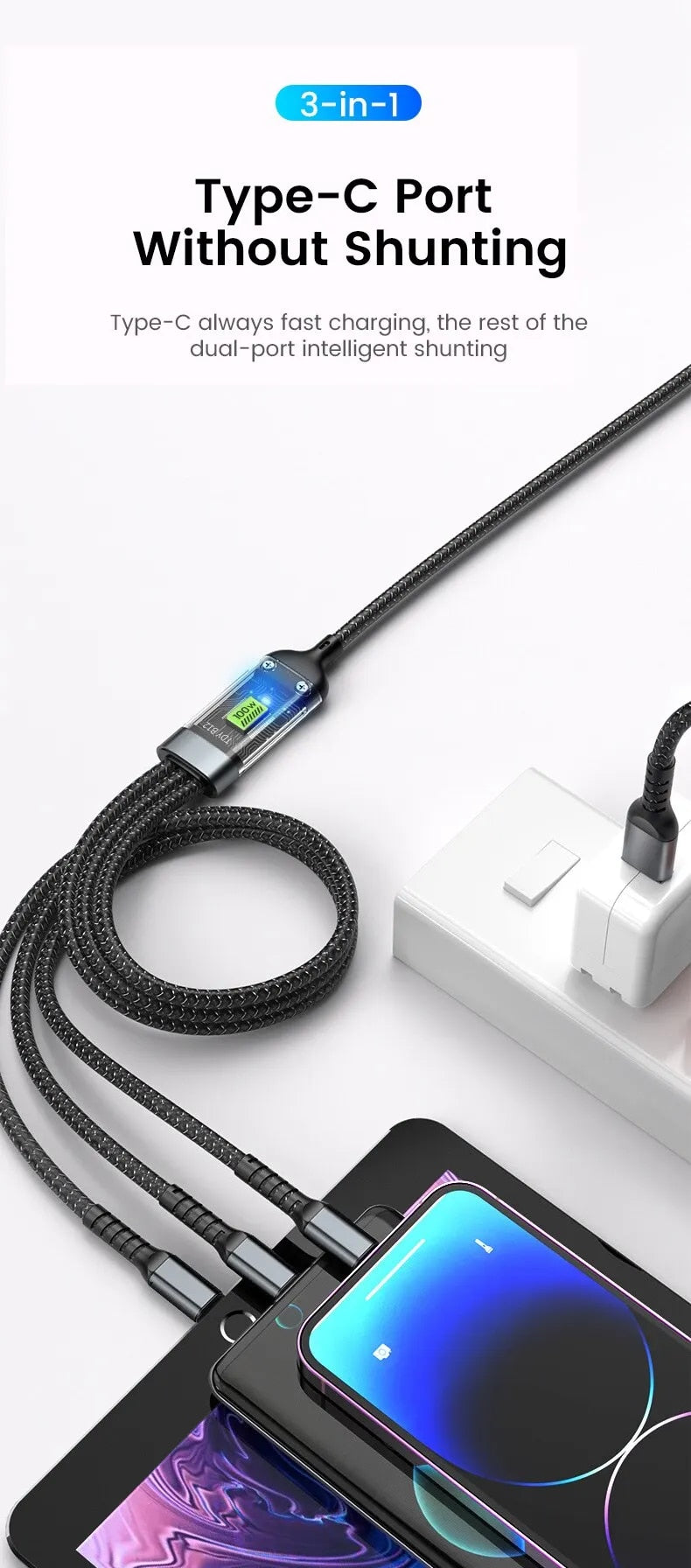 3-in-1 100W 5A Fast Charging USB Cable | Type-C / Lightning / Micro Charger for iPhone, Samsung & Xiaomi