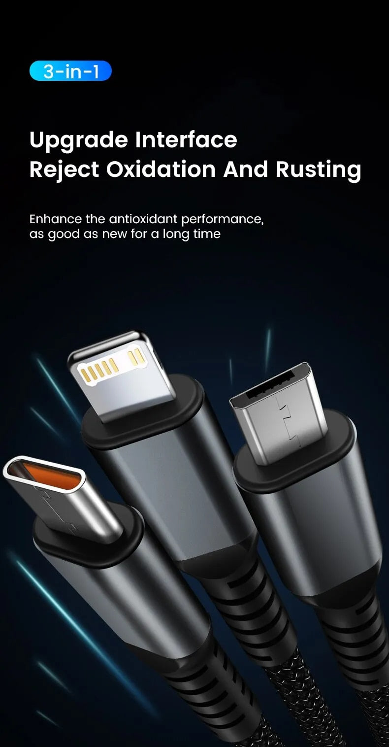 3-in-1 100W 5A Fast Charging USB Cable | Type-C / Lightning / Micro Charger for iPhone, Samsung & Xiaomi