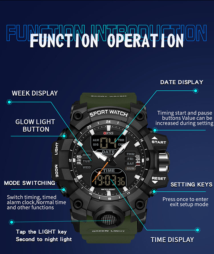 OFNS-S61260 Men’s Dual Display Sports Watch – Waterproof Military Quartz & Digital Wristwatc