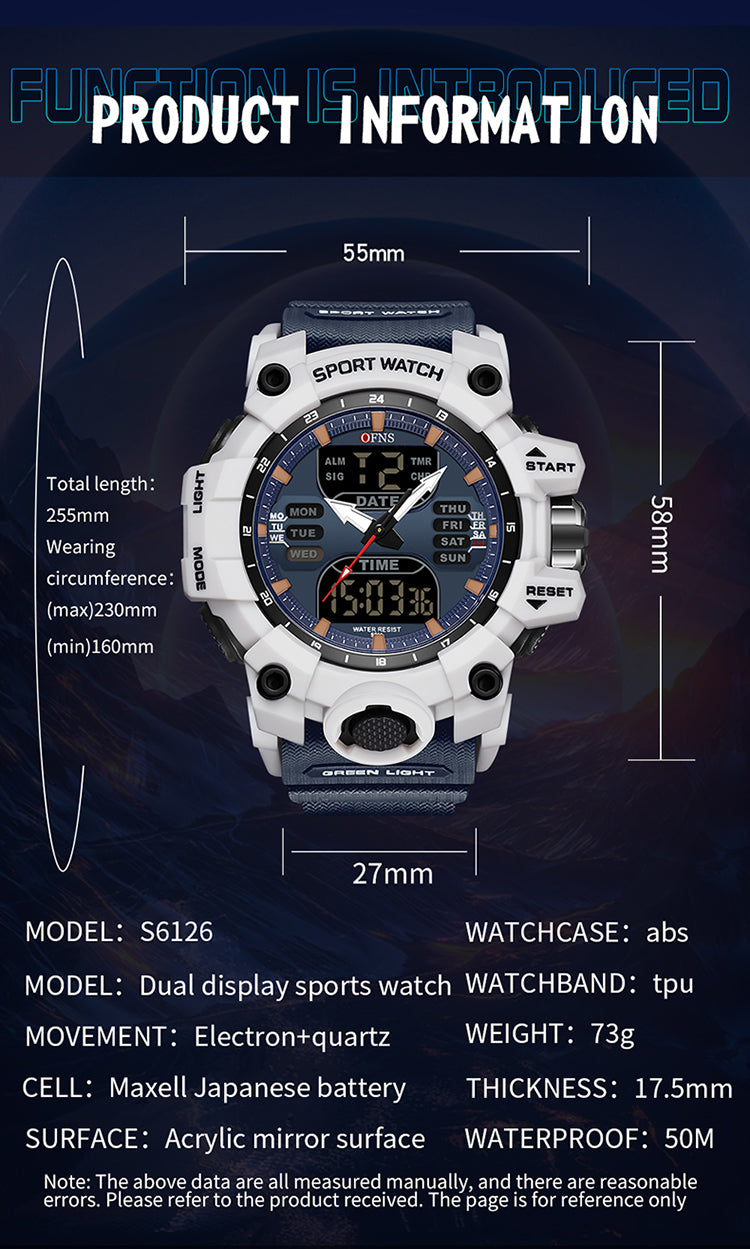 OFNS-S61260 Men’s Dual Display Sports Watch – Waterproof Military Quartz & Digital Wristwatc