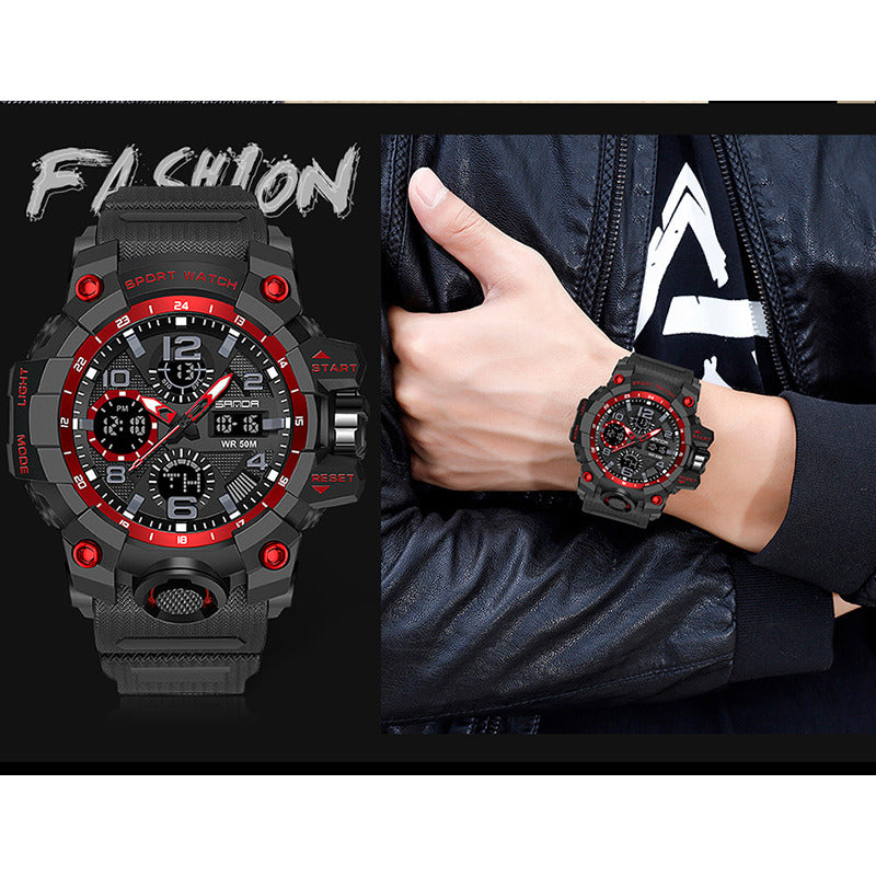 SANDA-60210 Men’s Sports Watch – Dual Display Waterproof Quartz & LED Military Wristwatch