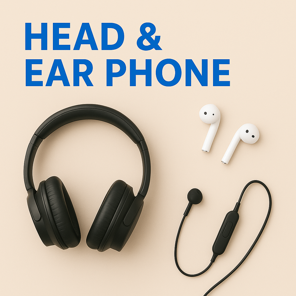 A digital image displaying a collection of modern headphones and wireless earphones arranged neatly on a clean background. The design highlights comfort, style, and audio technology, representing the variety of audio products available in this collection.