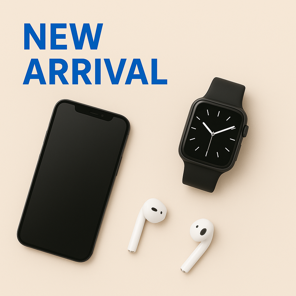 Digital image is  mix of the latest tech gadgets, including wireless headphones, earphones, and smartwatches. It  highlights modern design and innovation, representing the "New Arrival – Shop Now" collection.