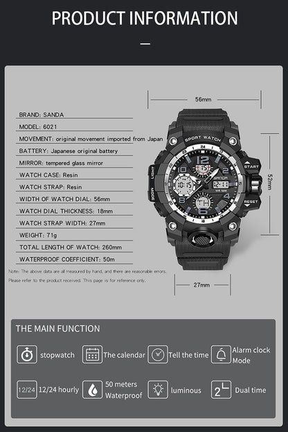 SANDA-60210 Men’s Sports Watch – Dual Display Waterproof Quartz &amp; LED Military Wristwatch
