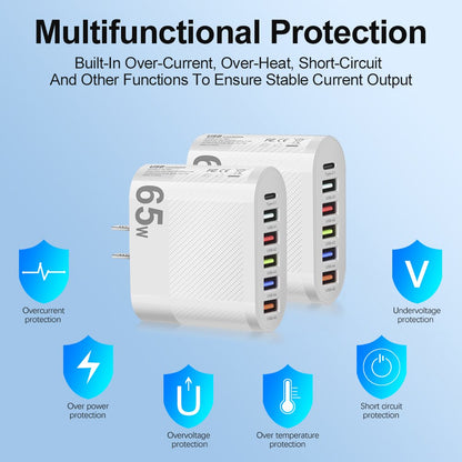 3.1A 5-Port USB Wall Charger 65W PD Adapter | QC 3.0 Fast Charging for iPhone, Samsung, Xiaomi, Huawei