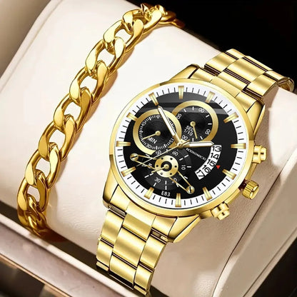 Q-4470 Men’s Quartz Watch &amp; Alloy Bracelet Set – Business Casual