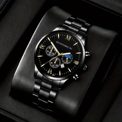 Q-3540 Quartz Watch 2Pcs Men’s Fashion Business Casual Quartz Watch &amp; Alloy Bracelet Set