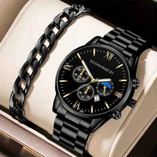 Q-3540 Quartz Watch 2Pcs Men’s Fashion Business Casual Quartz Watch &amp; Alloy Bracelet Set