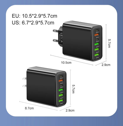 65W 6-Port Wall Charger – 4 USB &amp; 2 Type-C Quick Charge Adapter for iPhone, Samsung, Xiaomi, Huawei, Oppo