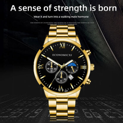 Q-3540 Quartz Watch 2Pcs Men’s Fashion Business Casual Quartz Watch &amp; Alloy Bracelet Set
