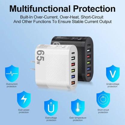 3.1A 5-Port USB Wall Charger 65W PD Adapter | QC 3.0 Fast Charging for iPhone, Samsung, Xiaomi, Huawei