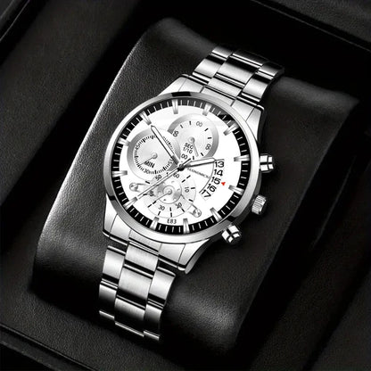 Q-4470 Men’s Quartz Watch &amp; Alloy Bracelet Set – Business Casual