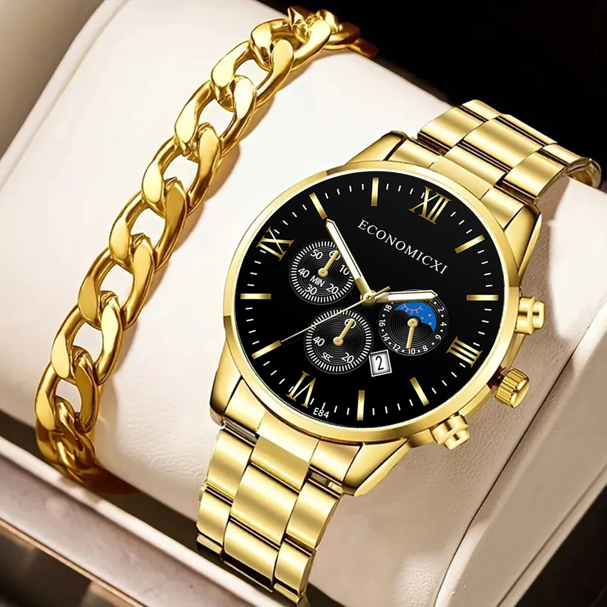 Q-3540 Quartz Watch 2Pcs Men’s Fashion Business Casual Quartz Watch &amp; Alloy Bracelet Set