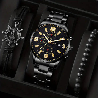 Q-2157 Men’s Quartz Watch &amp; Luxury Bracelet Set – Business &amp; Leisure Style