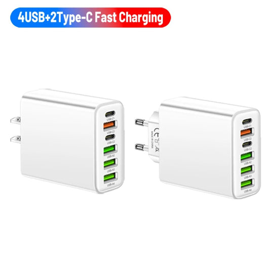 65W 6-Port Wall Charger – 4 USB &amp; 2 Type-C Quick Charge Adapter for iPhone, Samsung, Xiaomi, Huawei, Oppo