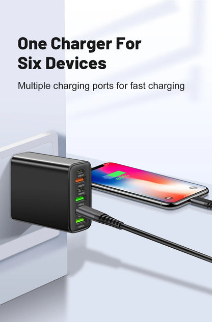 65W 6-Port Wall Charger – 4 USB &amp; 2 Type-C Quick Charge Adapter for iPhone, Samsung, Xiaomi, Huawei, Oppo