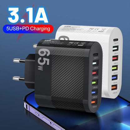 3.1A 5-Port USB Wall Charger 65W PD Adapter | QC 3.0 Fast Charging for iPhone, Samsung, Xiaomi, Huawei