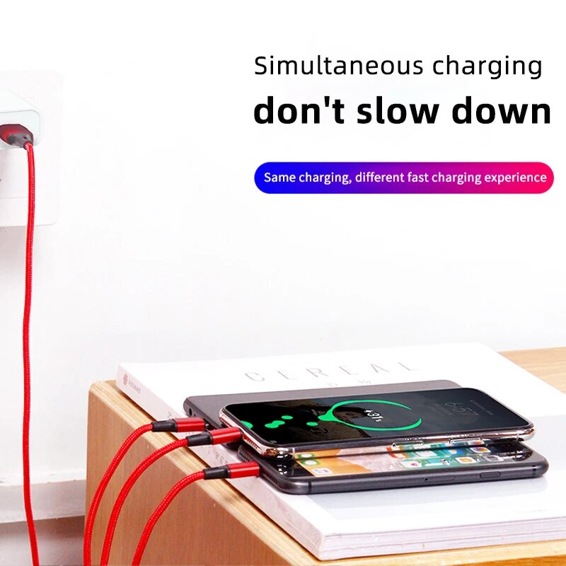 3-in-1 USB Cable | Fast Charging Multi-Port Charger for iPhone, Samsung & Xiaomi