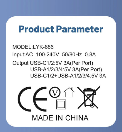 65W 6-Port Wall Charger – 4 USB &amp; 2 Type-C Quick Charge Adapter for iPhone, Samsung, Xiaomi, Huawei, Oppo