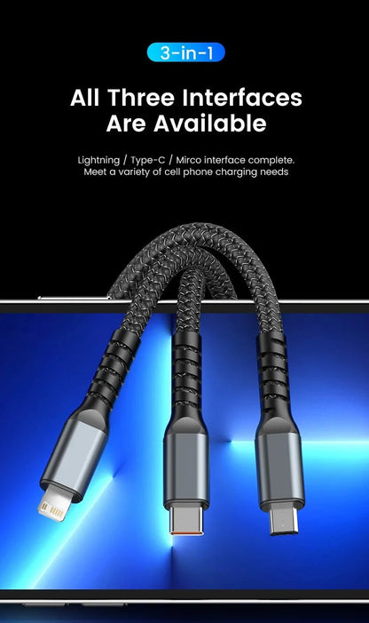 3-in-1 100W 5A Fast Charging USB Cable | Type-C / Lightning / Micro Charger for iPhone, Samsung & Xiaomi