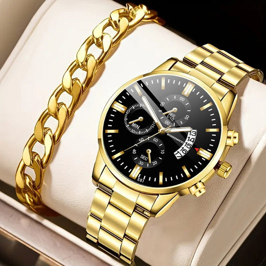 Q-2541 Men’s Fashion Business Casual Quartz Watch &amp; Alloy Bracelet Set